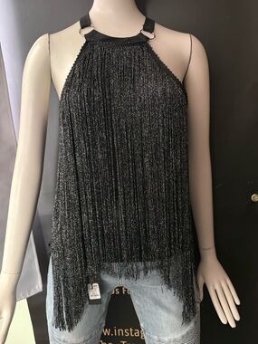 Black Metallic Fringe Halter Top - Party-ready Women’s Top